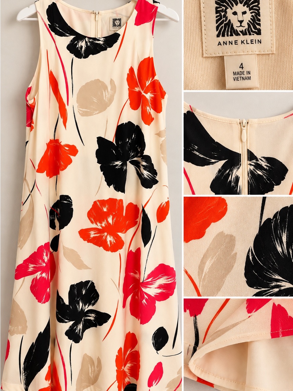 Anne Klein Cream Floral Sleeveless Shift Top with Black and Red Blooms